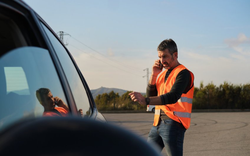 waist up shot of a middle aged caucasian man with a reflective vest worried standing on a parking near his car talking with his insurance company using an smartphone sin batería en el coche